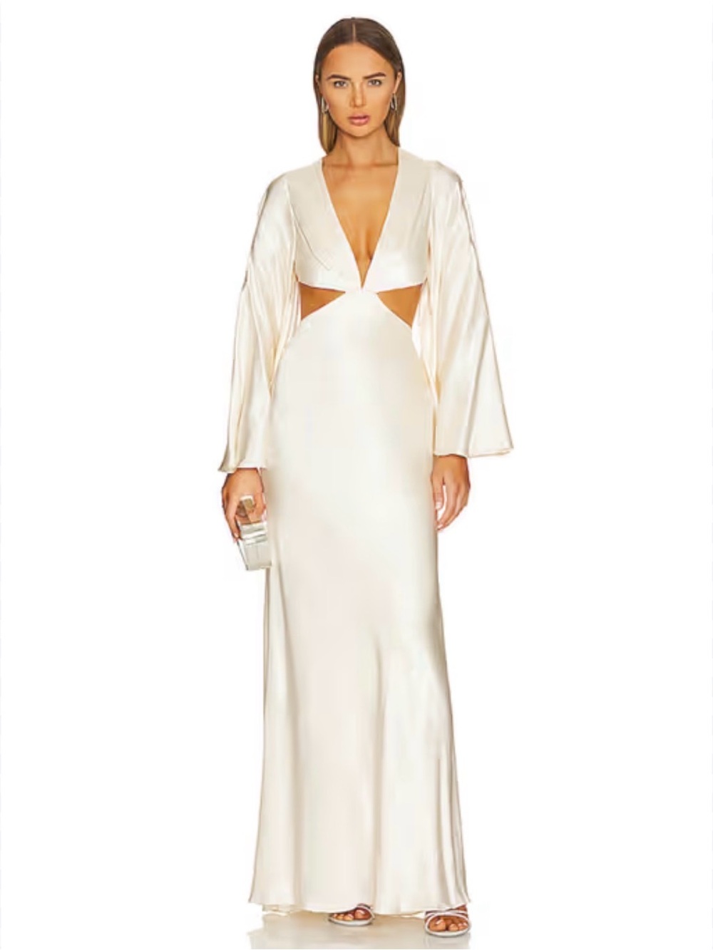 Shona Joy La Lune Ruched Maxi Dress Cream Satin Backless Plunged Neck Size 2